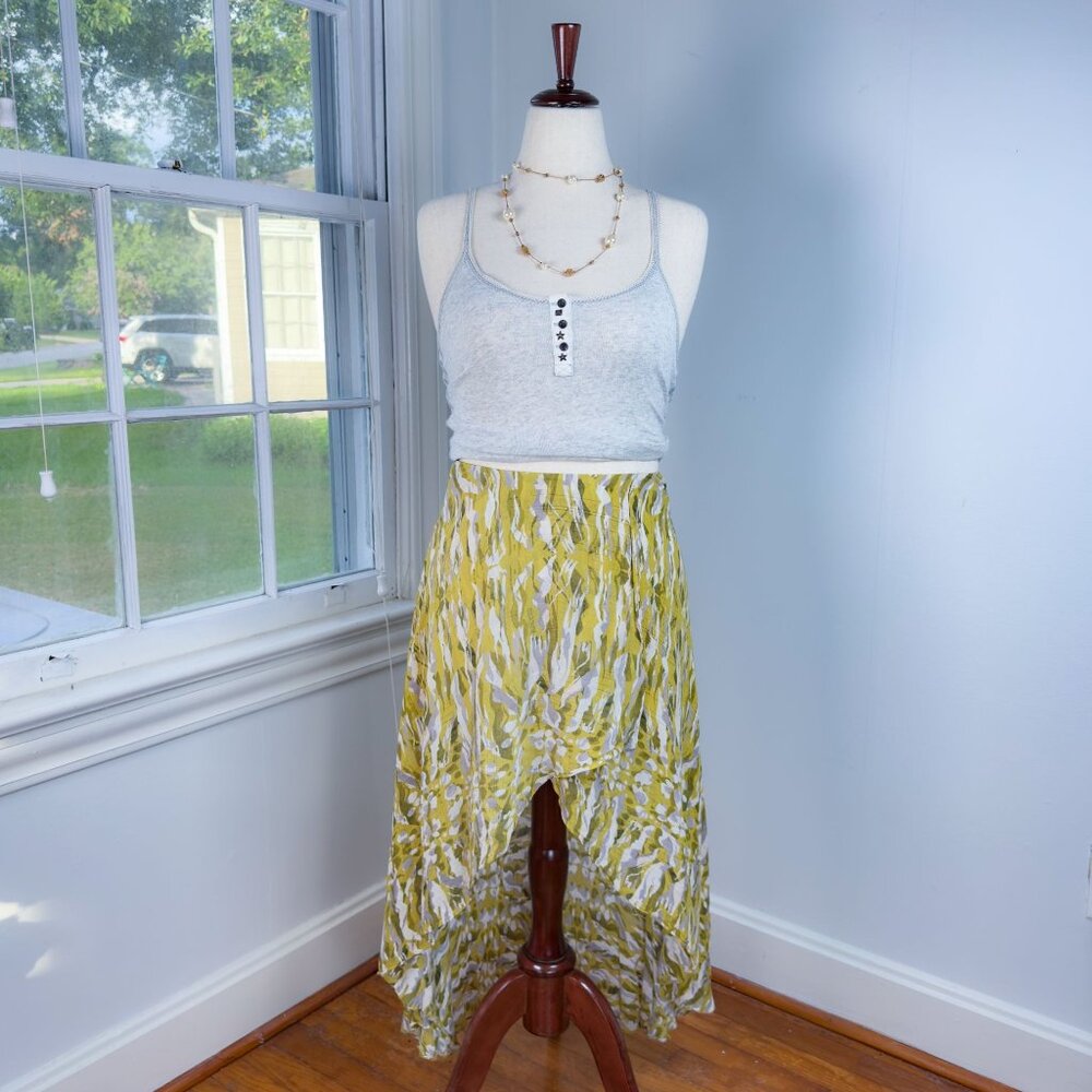 All Saints Avril Oniyuri High Low Skirt Size 6 Yellow Camo Print